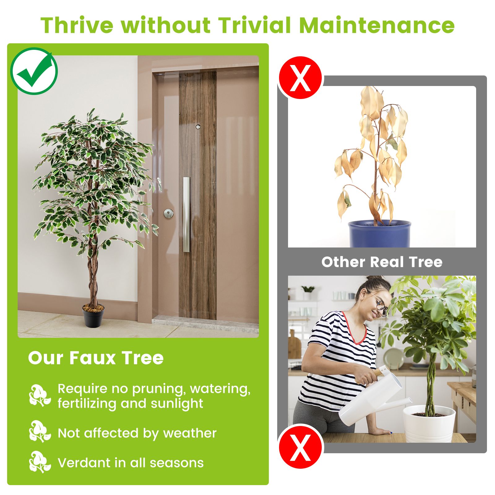 Artificial Ficus Tree Tall Faux Indoor Plant with Natural Wood Trunk